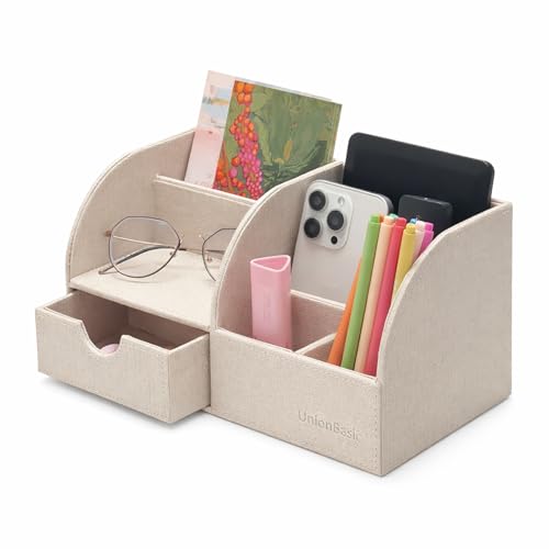 UnionBasic Desk Organizer - Multifunctional Leather Desktop Pen Holder Storage Box - Business Card/Pen/Pencil/Mobile Phone/Stationery Holder, Beige - color: Beige