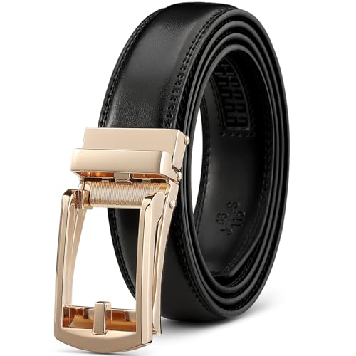 Founders & C Mens Ratchet Belt Leather Click 1 1/4" with Slide Buckle, Casual Dress Belt Adjustable - color: Gold/Black, size: 36" to 42" Waist Adjustable