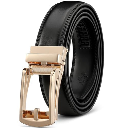 Founders & C Mens Ratchet Belt Leather Click 1 1/4" with Slide Buckle, Casual Dress Belt Adjustable - color: Gold/Black, size: 36" to 42" Waist Adjustable