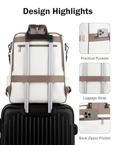 FADEON Laptop Backpack for Women, Vegan Leather 15.6 inch Computer bag | Waterproof Backpack Fits 13 14 inch, Padded Sleeve, Designer Water Bottle Pockets, Luggage Strap for Travel Work School - color: White Retro Style