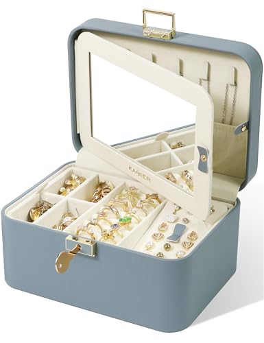 KAMIER Jewelry Organizer Box, 2 Layers PU Leather, Large Capacity, Double Lock and Large Mirror, Hidden Necklace Hooks, Removable Dividers, Gift Box Packaging,Bluish Grey - color: Bluish Grey, size: mirror