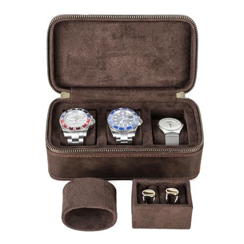 CONTACTS Watch Case Cufflinks Box for Men Small Luxury Leather Jewelry Storage Organizer for 2 Watches with Cufflinks Ring Pad - size: Rectangular- 3 slots