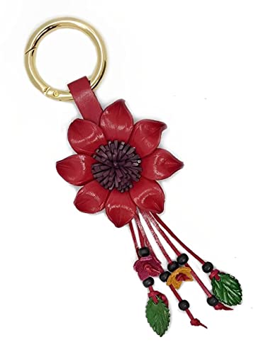 Flower Keyring Keychain Hand Made Leather Key Organizer Handbag Purse Tassels Charms Bag Accessories Handcraft Gifts - color: Sunflower Red