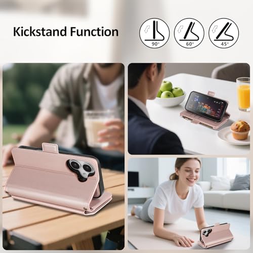 Antsturdy Compatible with MagSafe iPhone 16 Wallet Case,Rose Gold | Detachable Magnetic Credit Card Holder,RFID Blocking,PU Leather Zipper Purse,Wrist Strap Kickstand,Flip Phone Cover for Women - color: (Detachable with Magsafe)-Rose Gold