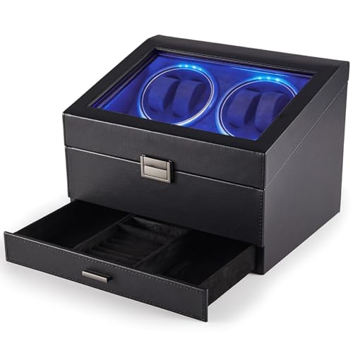 Watch Winders for Automatic Watches with 4+6 Watch Holders and Jewelry Storage, Quiet Moto, LED Light, Rotation Mode Setting Men Gift for Husband Father Boss