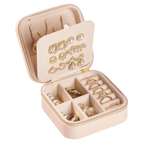 Travel Jewelry Box, PU Leather Organizer for Women Girls, Portable Case | Double Layer Structure with Earring Board, Ring Slots and Necklace Hooks, Keeps Accessories Neat for Trips and Daily Use - color: Apricot color