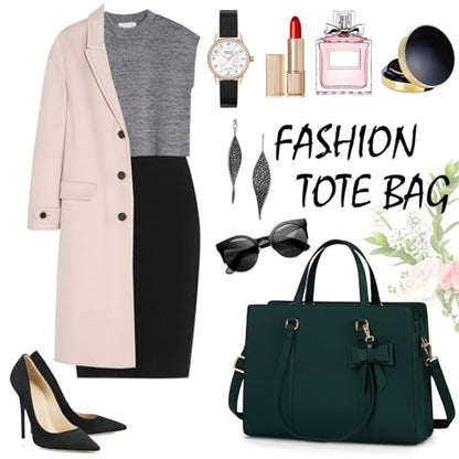 NUBILY Laptop Bag for Women 15.6 inch Leather Work Tote Bag | Waterproof Computer Bag with Bow Large Briefcase with Multi-Pockets Handbag Purse for Business Office Commuting Dark Green - color: Dark Green
