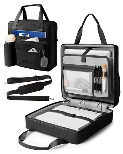 Upgraded 3 Rings Zipper Binder Organizer 3 Inch Zippered Binders with Strap Large Zip Up Portfolio Folder Bag with 9 Pockets 13“ 14” Laptop Compartment for Office Travel, Black - color: Black