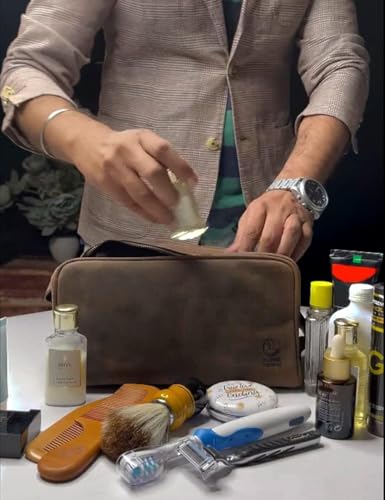 Leather Travel Toiletry Bag for Men, Full Grain Cosmetic Dopp Kit Organizer - color: Dark Brown