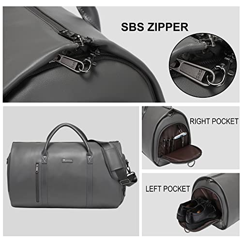 Garment Bags for Travel, 45L Carry-On Convertible Duffle with Strap | 2-in-1 hanging suit bag converts to duffel, shoe compartment, waterproof PU leather, wrinkle-free, detachable strap - color: C-Grey