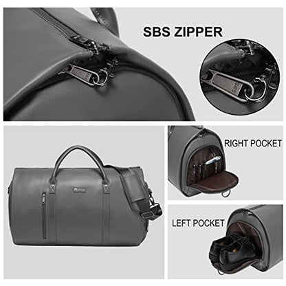 Garment Bags for Travel, 45L Carry-On Convertible Duffle with Strap | 2-in-1 hanging suit bag converts to duffel, shoe compartment, waterproof PU leather, wrinkle-free, detachable strap - color: C-Grey