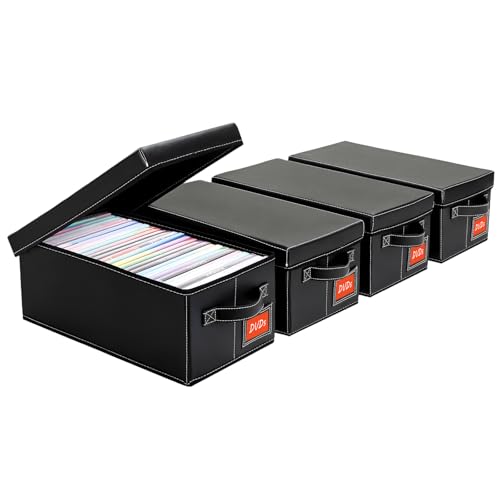 DVD Storage Box – Black Faux Leather DVD Case with Lid – DVD Shelf Organizer for 25 Standard DVD Cases – Foldable & Stackable Media Storage Solution-4Pack - size: DVD-4Pack