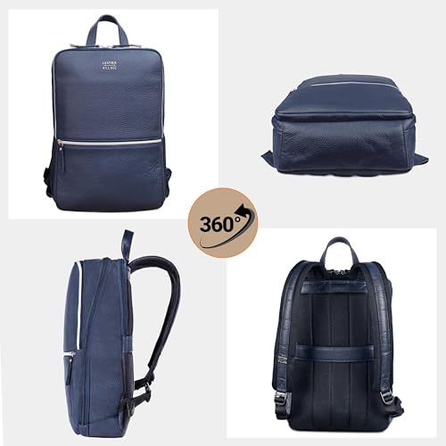 LEATHER VILLAGE Leather Laptop Backpack for Men with Trolley Strap 16L Blue | Water-Repellent, Slim Professional Business Bag Fits 2 Laptops up to 15.6", Tablets or Files, Work & Travel Daypack - color: Blue