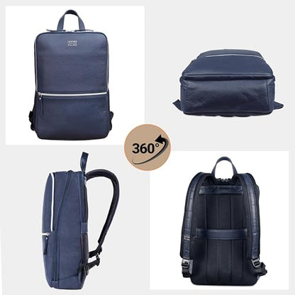 LEATHER VILLAGE Leather Laptop Backpack for Men with Trolley Strap 16L Blue | Water-Repellent, Slim Professional Business Bag Fits 2 Laptops up to 15.6", Tablets or Files, Work & Travel Daypack - color: Blue