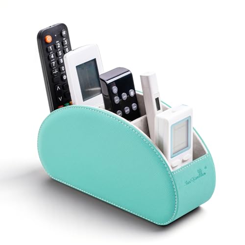 Remote Control Holders Organizer Box with 5 Compartment PU Leather Caddy | Multi-functional Office Desk Storage Caddy Store Tv Remote for Media Player,Brush,Pencil,Glassees&Office Supplies - color: Cyan, size: S