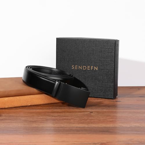 SENDEFN Men's Leather Belt - Automatic Ratchet Slide Buckle, Easy Trim-to-Fit Function, Packaged with Gift Box - color: Black