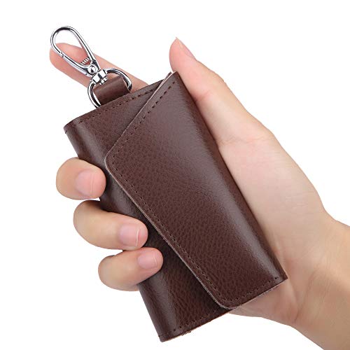 BAKUN Compact Leather Car Key Case, Key Holder Key Organizer Wallet, With 6 Hooks(Brown) - color: Brown