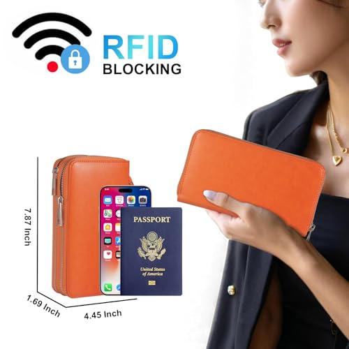 RFID Blocking Cellphone Wallet for Women Dual Zipper Wristlet Large Capacity 17 Card Slots Ladies Travel Clutch Purse with Removable Strap, Orange - color: Orange