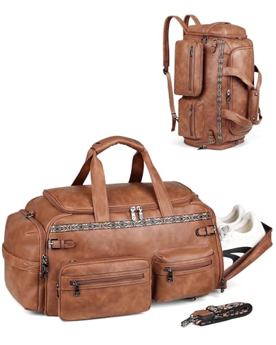 FADEON Duffle Bag for Women, Large Convertible Carry on Overnight Backpack | Designer Leather Mens Weekend Bags for Travel, Business, Trip, Daily, Gift, Work, Brown - color: 1 Brown Retro Style