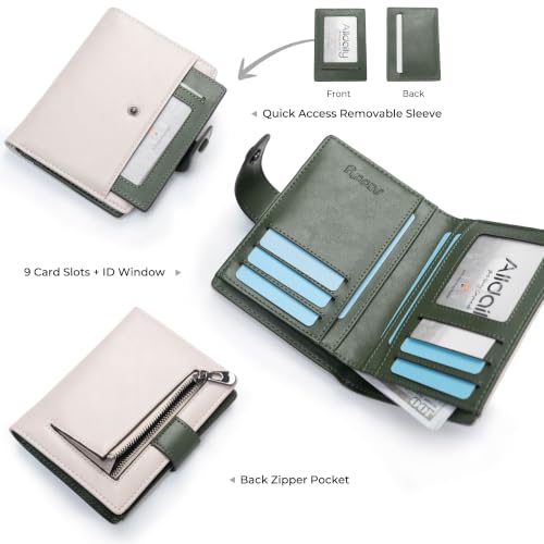 Alldaily Small Slim RFID Blocking Leather Wallet for Women, Bifold with 10 Card Slots and Coin Pocket (Cream&Olive Green) - color: Cream&Olive Green
