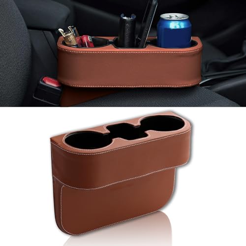 Car Cup Holder, PU Leather Auto Front Seat Organizer, Multifunctional Cup Drink Holders, Gap Filler Storage Box Coin Bucket Console Side Pocket Cell Mobile Phone Holder (Brown) - color: Brown