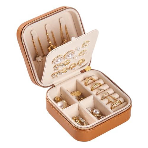 Travel Jewelry Box, PU Leather Organizer for Women Girls, Portable Case | Double Layer Structure with Earring Board, Ring Slots and Necklace Hooks, Keeps Accessories Neat for Trips and Daily Use - color: Brown