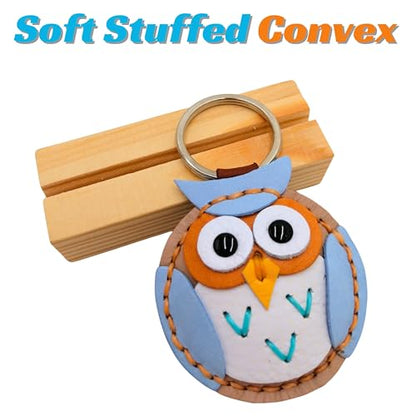 Genuine Leather Keychain, Animal Keyring, Bag Purse Charm Pendant Gifts Handmade, Cute Key Holder, Pets Lover Accessories - color: Owl Light Blue - Nude