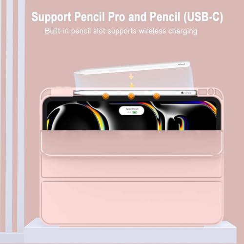 iPad Pro 11 Inch Case (M5) 2025/ (M4) 2024 (Model: A2836/A2837/A3006), Trifold Stand Smart Cover with Pencil Holder and Soft TPU Back, Auto Wake/Sleep (Rose Pink) - color: Rose Pink