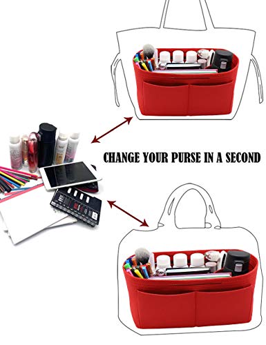 LEXSION Felt Purse Organizer Insert Zipper Pocket with Two Removeable Bottle Holder - color: Red, size: X-Large