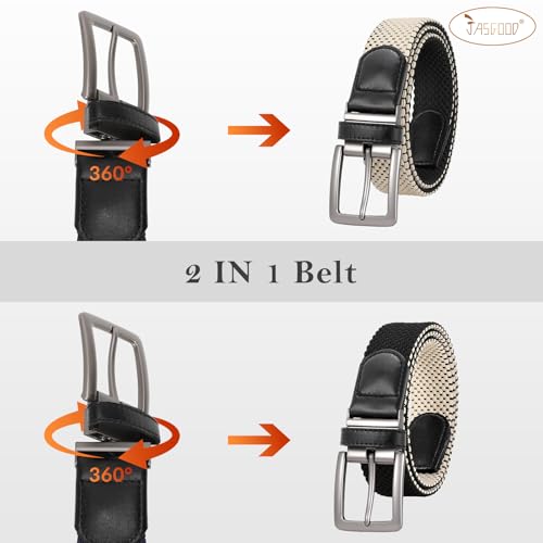 JASGOOD Men's Reversible Braided Stretch Belt Casual Golf Elastic Woven Belt with Rotating Buckle for Jeans Pants - color: Black/Beige, size: Fit Waist Size 47"-53"