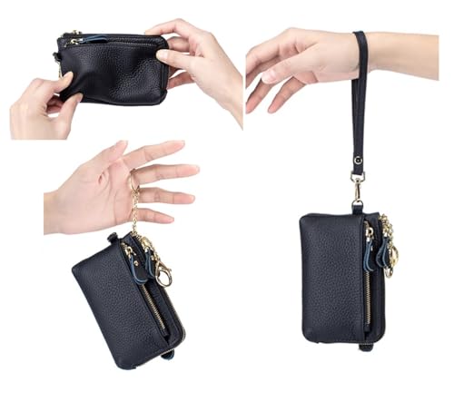 Women Genuine Real Leather Coin Purse with Hand Strap. 3 Zipper Small Wallet Wristlet with 3 credit cards slots Holder - Black - color: #01 Black