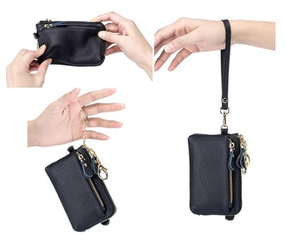 Women Genuine Real Leather Coin Purse with Hand Strap. 3 Zipper Small Wallet Wristlet with 3 credit cards slots Holder - Black - color: #01 Black