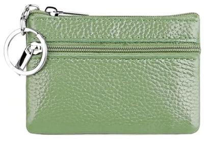 Genuine Leather Small Coin Purse Change Pouch Bag Solid Color Wallet with Zipper Key Chain Ring Credit Card Holder for Women Men (Light Green) - color: Light Green