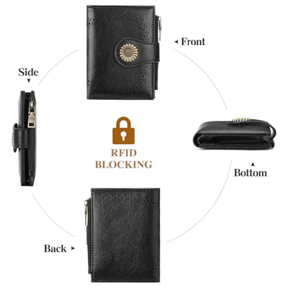 SENDEFN Small Wallets for Women Bifold RFID Blocking Leather Card Holder Compact Wallet with Zipper Coin Pocket - color: A-Black