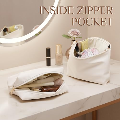 Kigeli 2 Pcs PU Leather Makeup Bag Set for Women Waterproof Aesthetic Cosmetic Bag Large & Small Travel Toiletry Organizer Pouch Skincare Organizer Bridesmaid Mother's Day Birthday Gift(Beige) - color: Beige