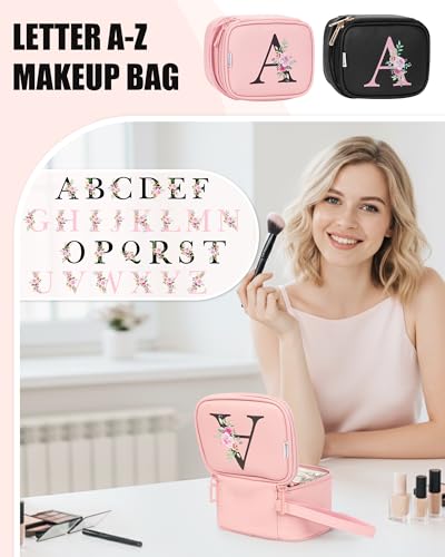 Relavel Mini Travel Makeup Bag with Led Mirror for Women, Pink L | Initial Cosmetic Bag with 3 Lights, Adjustable Brightness, Personalized Travel Toiletry Bag, Preppy Make Up Pouch for Trip - color: Pink, style: L