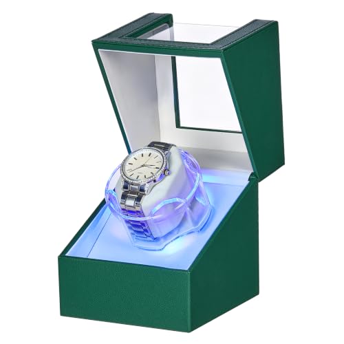 ANWBROAD Watch Winder for Automatic Watches, Single Watch Winder Box Green | 4 Modes Winding Watch Rotator with LED Light for Men and Women, Rotating Watch Case with Quiet Motor, Type-C Adapter UJWW006G - color: Green