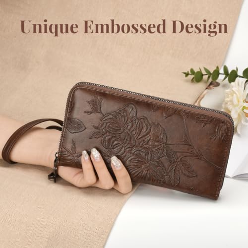 Wristlet Wallet for Women - Large Capacity RFID Leather Clutch | Premium vegan leather, rose embossed with a pen slot. Fits phones up to 6.9". 15 card slots & RFID. Ideal for travel & daily. - color: Coffee