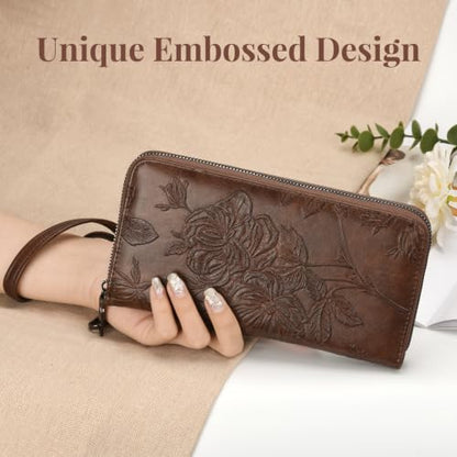 Wristlet Wallet for Women - Large Capacity RFID Leather Clutch | Premium vegan leather, rose embossed with a pen slot. Fits phones up to 6.9". 15 card slots & RFID. Ideal for travel & daily. - color: Coffee