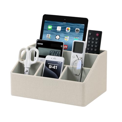 Desk Organizer Caddy Nightstand Organizer Desk Caddy Remote Holder | PU Leather, 5 Compartments, Soft Velvet Lining, Large Storage Capacity - color: Linen
