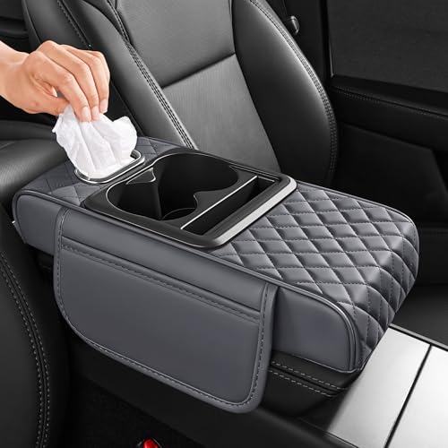 5 in 1 Nappa Leather Console Armrest Cover, Gray | Built-in cup holder, tissue slot, phone holder & 2 storage pockets, practical car accessories fit SUV sedan truck - color: Gray