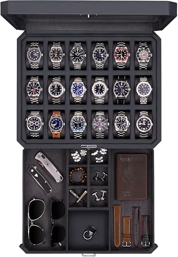 ROTHWELL 18-Slot Watch Case with Drawer – Luxury Watch Box for Men, Real Glass Top, Lockable, Display Case for Collections (Carbon) - color: Carbon