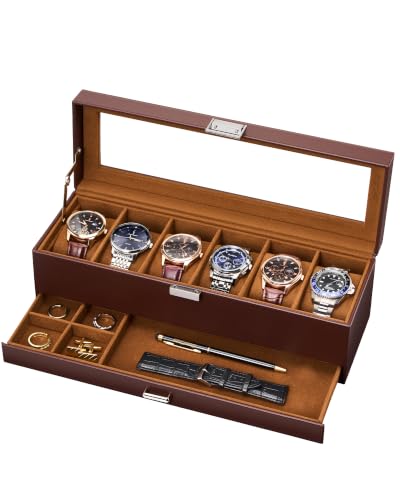 Lolalet 6-Slot Watch Case for Men, Mens Jewelry Box with Glass Lid-Espresso | Watch & Jewelry Box with Drawer, Easy-Clean PU Leather, Soft Removable Pillow, Home Organizer&Display, Dust-Proof, Men's Gift - color: Espresso, size: 6-slot