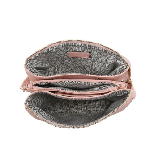 JEN & CO. Izzy Crossbody Bag, Wristlet Clutch Shoulder Purse for Women | Vegan Leather, 3 Compartments, Handbag with Inside Card Slots, Removable Wristlet, Adjustable Guitar Strap for Daily Travel - color: Sweet Pink