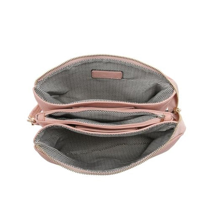 JEN & CO. Izzy Crossbody Bag, Wristlet Clutch Shoulder Purse for Women | Vegan Leather, 3 Compartments, Handbag with Inside Card Slots, Removable Wristlet, Adjustable Guitar Strap for Daily Travel - color: Sweet Pink