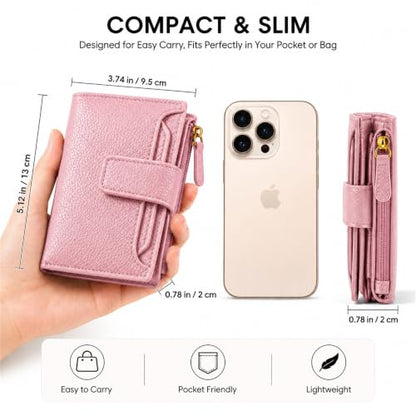 Small Wallet for Women, Compact Bifold Card Holder | Zipper Coin Pocket, 10 Card Slots, ID Window, Snap Closure, Slim Mini Wallet for Purse and Travel - color: Pink