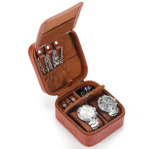 2 Slot Travel Watch Case Men PU Leather Jewelry Box Portable Watch Storage and Jewelry Organizer Gift for Fathers Husband Boyfriend(Brown) - color: Brown
