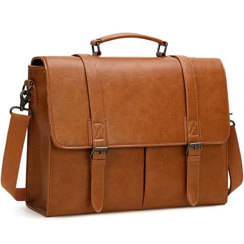 RAINSMORE Messenger Bag for Men 15.6 Inch Vintage Leather Briefcase Waterproof Laptop Bag Large Satchel Shoulder Bag Office Work Business College Computer Bag, Brown - color: Brown