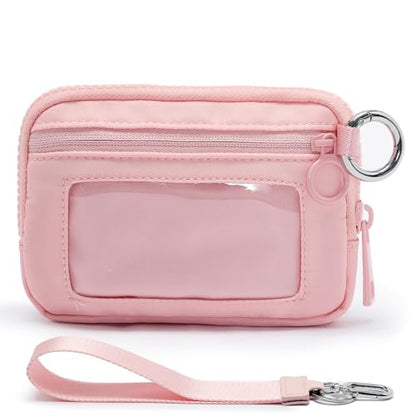 Small Wristlet Wallets for Women with Clear ID Window, Keychain Coin Purse | Organized Interior with 3 Card Slots, Inner Mesh Pouch, Lipstick Holder, Metal Key Ring and Detachable Wrist Strap - color: Pink