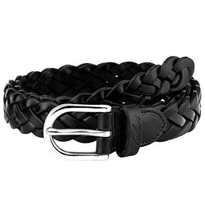 Falari Women's Leather Braided Belt Stainless Steel Buckle - color: Black, size: XS 26-28 (fit waist 24-26)